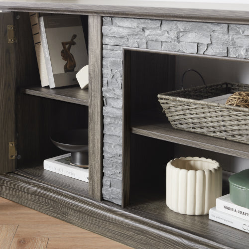 70 Inch Grey Faux Stone TV Stand 2-Door Media Console 6 Cable Holes Adjustable Shelves for TVs Up To 75 Inch