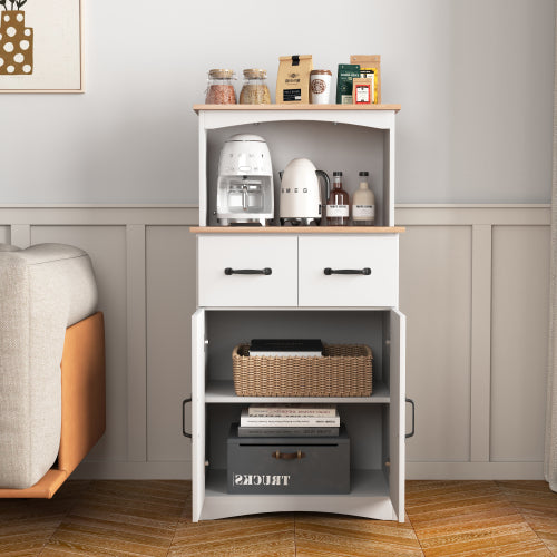 White Kitchen Pantry Cabinet with Microwave Shelf Drawer and Adjustable Storage
