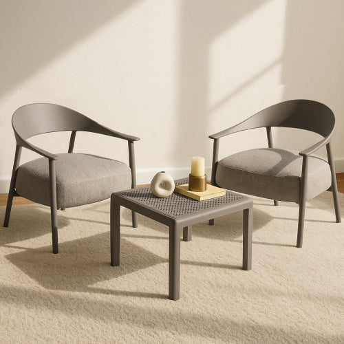 Holiday - Modern 2-Piece Accent Chair Set with Coffee Table – Warm Grey PP & Steel Frame Sofa Set, Soft Cushioned Seating for Living Room, Lounge, Balcony (2 Chairs + 1 Table)
