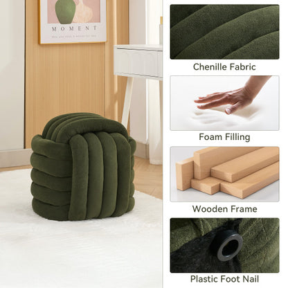 Green Chenille Knot Design Ottoman, Wooden Frame Foot Stool 19.29 inch, 250 LBS Fully Assembled