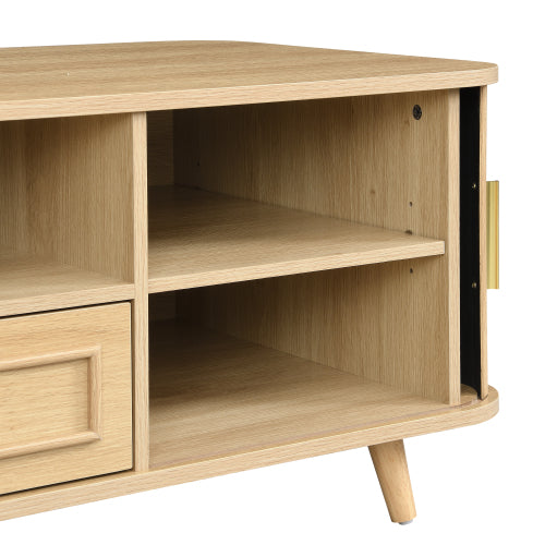 Mid-Century Modern Natural Wood Coffee Table with Tambour Doors & Multi Storage Compartments