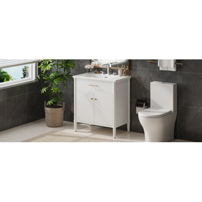 31" Bathroom Vanity with Sink, Bathroom Cabinet with Soft Close Doors and Adjustable Shelf, Curved Profile Design, Rubber Wood Legs, White