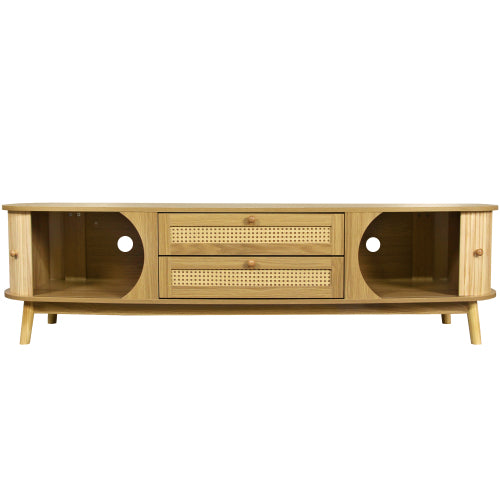 66.93 Inch Brown Farmhouse Rattan Sliding Door TV Stand Solid Wood Legs Fits 75 Inch TV