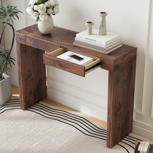 Elegant natural walnut wood grain bar table -50 inches long, a practical choice for modern home decor. Walnut wood grain texture veneer, equipped with double drawers, can be used as both a bar counter