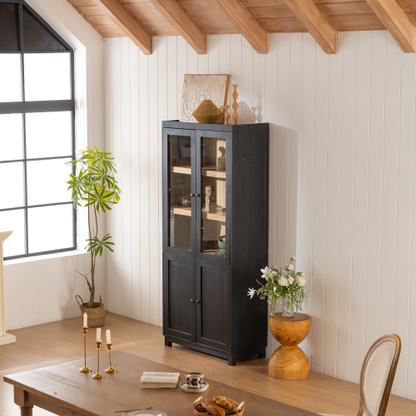 74.5''H Ash Wood Grain Mid-Century Glass Door Display Cabinet Adjustable Shelf Home Storage Cabinet