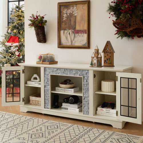 Modern 65 Inch TV Stand with Faux Stone Cabinet White Media Console