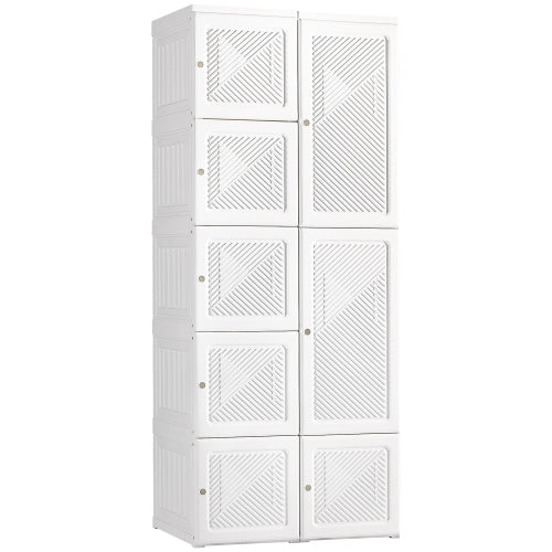 Portable Wardrobe Closet, Folding Bedroom Armoire, Clothes Storage Organizer with 8 Cube Compartments, Hanging Rod, Magnet Doors, White