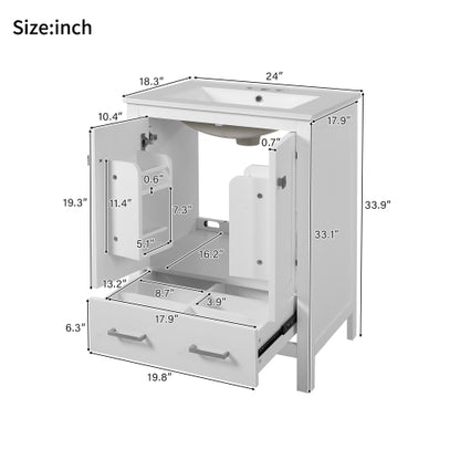 24-inch bathroom vanity with integrated undermount basin and a storage cabinet featuring 2 doors and 1 drawer. Includes double-layer door shelf, soft-close design, and versatile storage solutions