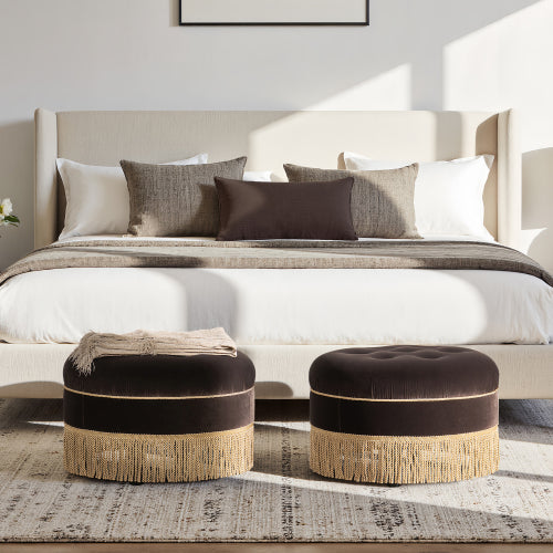 24 inch Round Upholstered Accent Ottoman, Deep Brown Performance Velvet Round Decor Stool