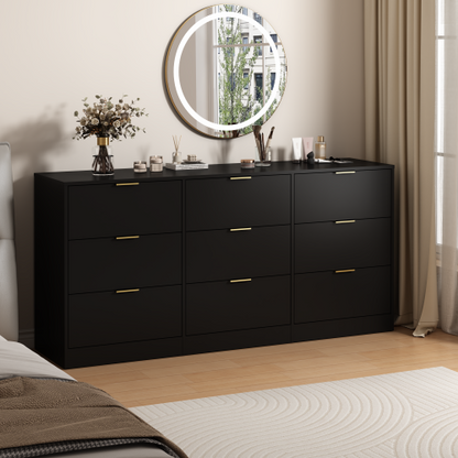 Black 9 Drawer Dresser, 63" Large Deep Chest of Drawers, Wooden Dresser Storage Cabinet with 9 Drawers for Bedroom, Long Dressers for Living Room, Hallway