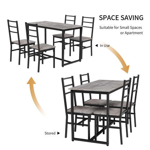 5-Piece Gray & Black Farmhouse Dining Set, MDF & Metal Table with 4 Backrest Chairs