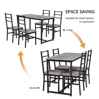 5-Piece Gray & Black Farmhouse Dining Set, MDF & Metal Table with 4 Backrest Chairs