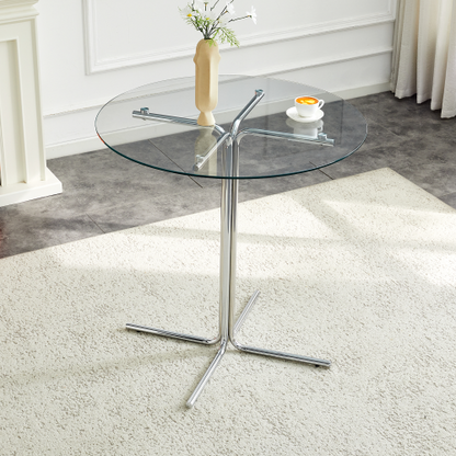 Round glass bar high table, 36 inch round bar table, tempered glass tabletop, sturdy silver chrome plated four column support, suitable for transparent round bar tables in small spaces, kitchens