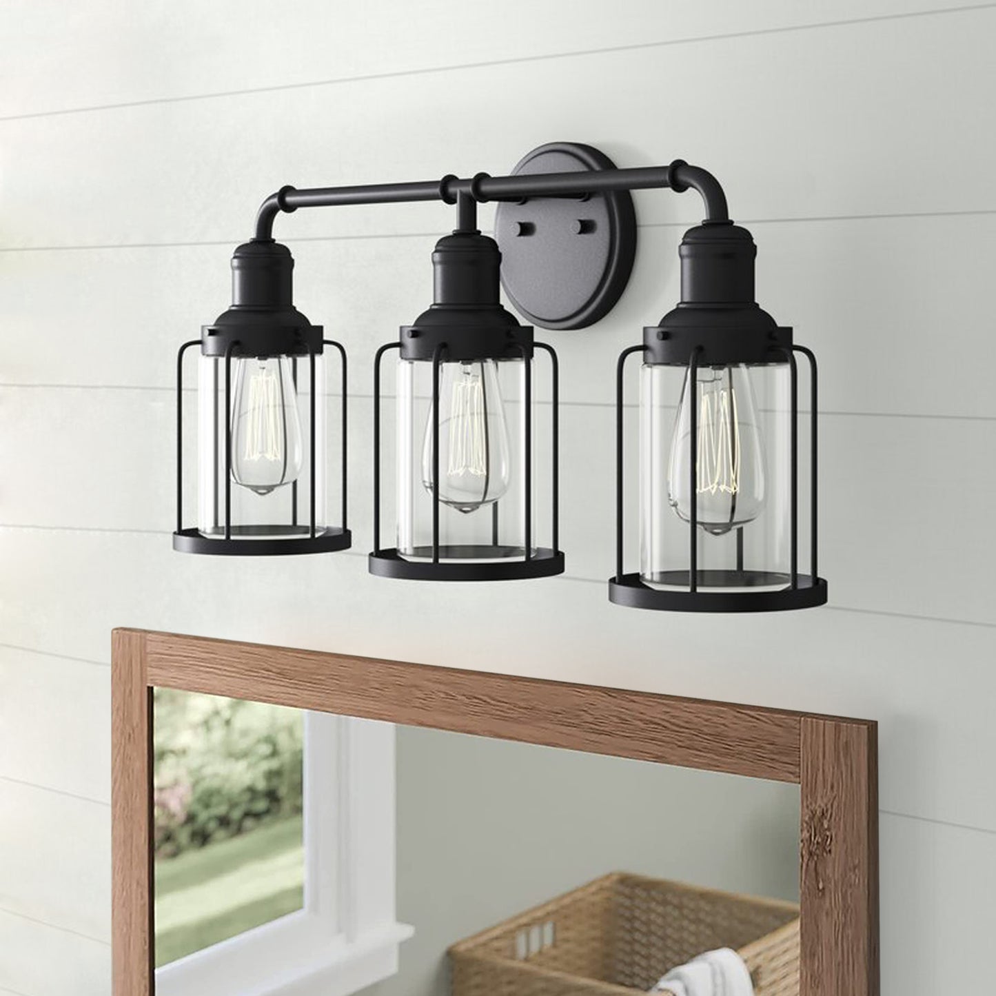 24 in. W 3-Light Matte Black Vanity Light with Clear Glass Shade
