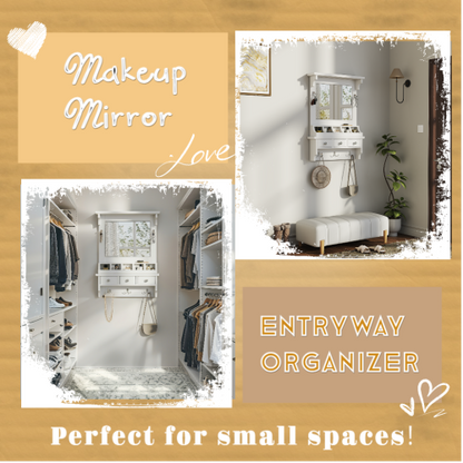 Floating Makeup Vanity with Big Mirror, Wall-Mounted Storage Vanity with Drawers, Pockets & Hooks, Space-Saving Decorative Home Organizer for Small Space, White