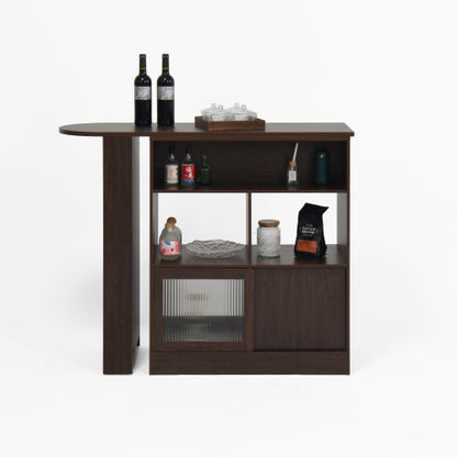 Modern Bar Cabinet with Rotating top, Counter Height Dining Cabinet with 6 Storage space and 2 Ribbed Glass Door for Kitchen, The Rotating Top with 3 Storage Shelves Dining Room, Living Room, Walnut