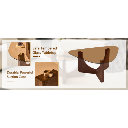 Triangular Tea-Colored Tempered Glass Coffee Table, Walnut MDF Legs