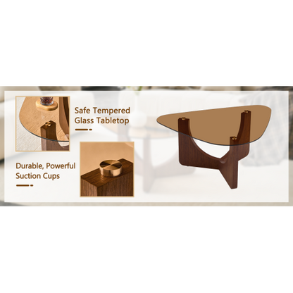 Triangular Tea-Colored Tempered Glass Coffee Table, Walnut MDF Legs
