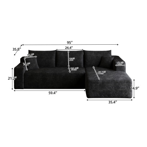 95" Cloud Sectional Sofa,Modern Minimalist Upholstered Couches, Comfort U Shaped Sofa for Living Room,Deep Seat Corner Couch,No Assembly Required,Black (Plush Corduroy Fabric)