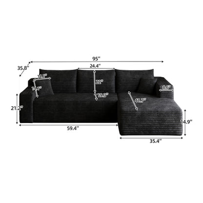 95" Cloud Sectional Sofa,Modern Minimalist Upholstered Couches, Comfort U Shaped Sofa for Living Room,Deep Seat Corner Couch,No Assembly Required,Black (Plush Corduroy Fabric)
