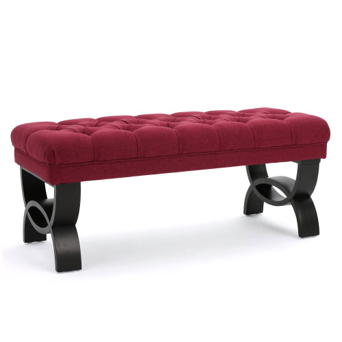 Red Tufted Ottoman Bench with Diamond Stitching and Half Circle Legs