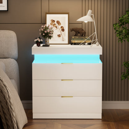Nightstand with Charging Station and LED Lights,Night Stand with Sliding Top for Bedroom,Bedside Table with Drawers,Modern End Side Table,White.28.8''W x 17''D x 30.5''H.