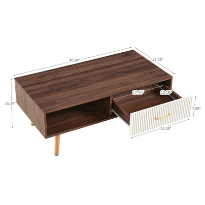40.94inch  Rectangle Coffee Table with Drawer, Walnut Solid Wood Leg Table, 220lbs Load