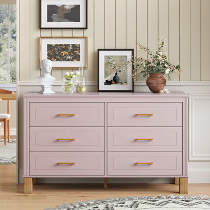 Pink 6-Drawer Solid Wood Frame Modern Bedroom Storage Dresser
