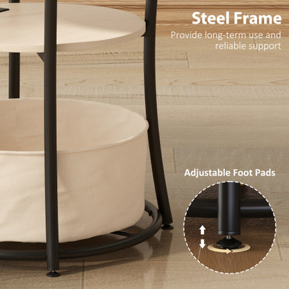 Round Side Table with Charging Station 3 Tier Storage Fabric Bag