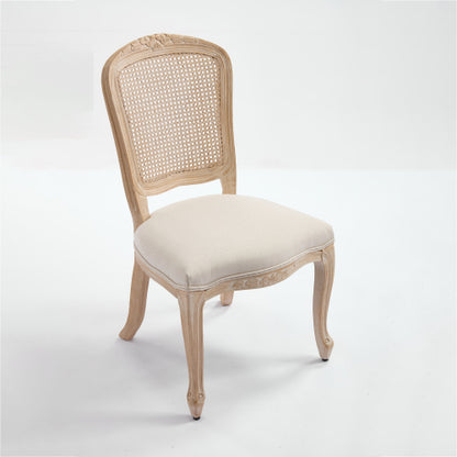 Set of 2 Beige French Country Fan Rattan Back Dining Chairs, Carved Wire Drawing Solid Wood Disassemblable Chairs
