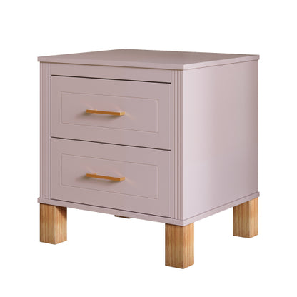 Pink Fluted Nightstand, 2-Drawer Bedside Table with Metal Handles & Solid Wood Legs