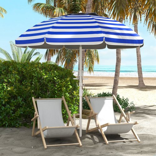 Outsunny 5.7' Portable Beach Umbrella with Tilt, Adjustable Height, 2 Cup Holders & Hooks, UV 40+ Ruffled Outdoor Umbrella with Vented Canopy, Blue White Stripe