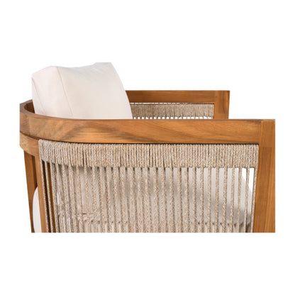 Premium Acacia Wood Outdoor Club Chair, Curved Tub Design with Woven Rope Accents, Water-Resistant Cushions, All-Weather Slat Construction