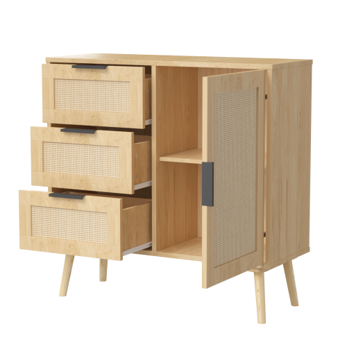 Modern Rattan Wood Dresser 3 Drawer Storage Cabinet with Adjustable Shelf Anti Tip