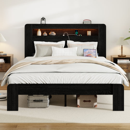 Bed Frame Full Size, Wood Platform Bed Frame with Storage LED Light Headboard and 2 USB , Noise Free,No Box Spring Needed and Easy Assembly Tool,Large Under Bed Storage,Dark Black