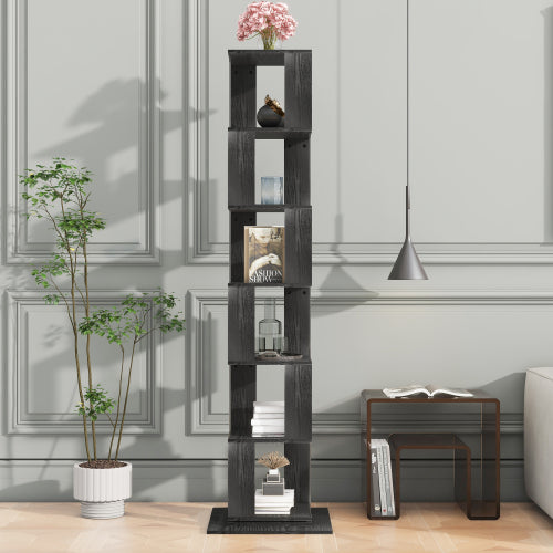 6-Tier Black 360¡ã Rotating Bookshelf Particleboard Acrylic Anti-Tall Base Household Multi-Layer Storage Display Shelf