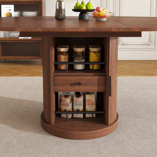 Extendable Oval Dining Table with 2-Tier Storage, Walnut Brown