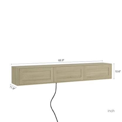 Wood Floating Wall Mount High Gloss TV Cabinet with 16 Color LED Lights & Built-in Power Ports
