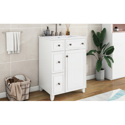24-Inch Bathroom Vanity Cabinet with Ceramic Sink, 2 Drawers, 1 Door