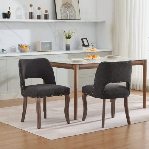 Set of 2 Black Hollow Back Fabric Dining Chairs, Curved Solid Wood Legs With Handmade Copper Nails