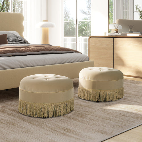 24 inch Round Upholstered Accent Ottoman, Fawn Brown Performance Velvet Decorative Stool