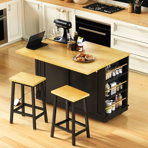 48inch Kitchen Island with 2 Bar Stools, Power Outlet, Internal Storage Rack, Kitchen Storage Cart on 5 Wheels with Drop Leaf, 5 Open Side Racks, Drawers, Black (Old SKU N707S000015B)(Three Packages)