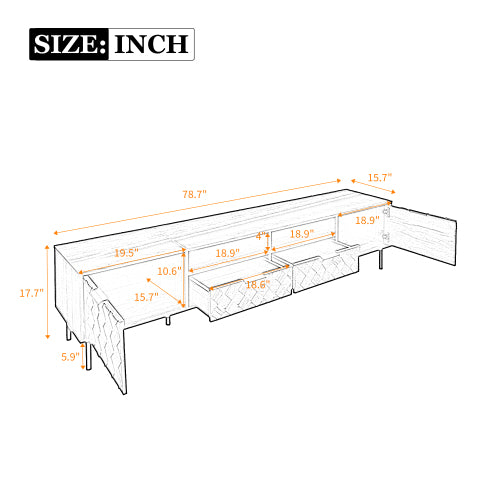78.7 inch Walnut 3D Diamond Texture TV Stand Heavy Iron Leg Media Console Fits 85 inch TV
