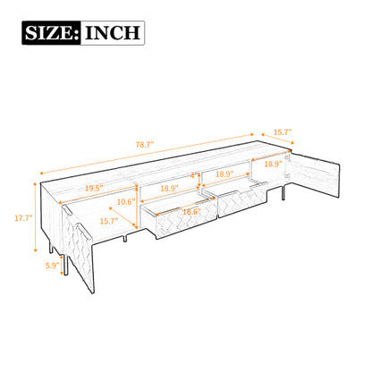 78.7 inch Walnut 3D Diamond Texture TV Stand Heavy Iron Leg Media Console Fits 85 inch TV
