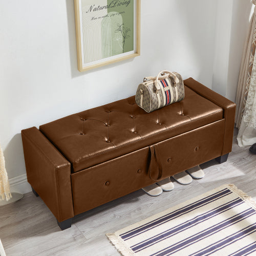 Brown Tufted PU Faux Leather 48 inch Storage Ottoman Bench, Entryway & Bedroom Shoe Bench