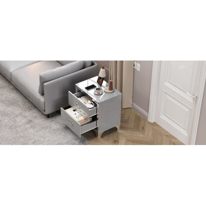 High Gloss Mirrored Nightstand with 2 Drawers,Modern End Table with Drawers,Mirrored High Gloss Wood Nightstand Metal Handle Bedside End Table for Bedroom, Dorm,Living Room,Grey