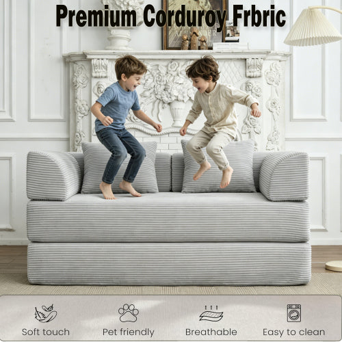 Light-Gray 5-in-1 Convertible Corduroy Sleeper Floor Sofa-Bed Reinforced-Metal-Frame 800LB Capacity No-Assembly