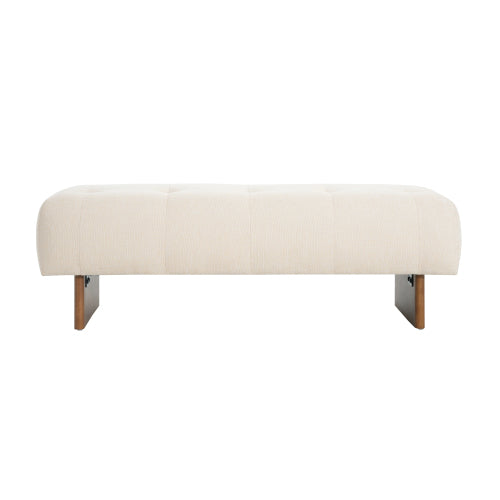 Beige Tufted Rectangular Linen Ottoman Bench, Upholstered Fabric Foot Stool with Rubber Wood Legs for Entryway & Bedroom