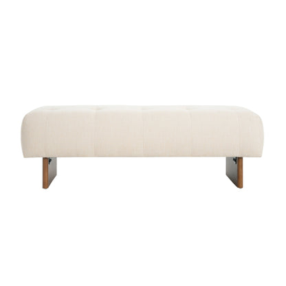 Beige Tufted Rectangular Linen Ottoman Bench, Upholstered Fabric Foot Stool with Rubber Wood Legs for Entryway & Bedroom