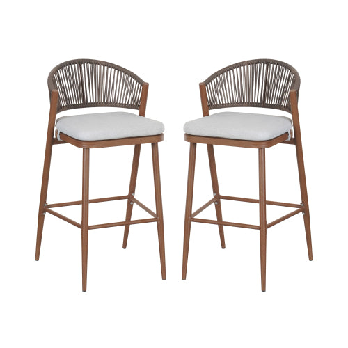 Outdoor 30.25" Seat Height Aluminum Frame Barstools with PE Rattan Scallop-shaped Backrest, Set of 2, Teak Finish